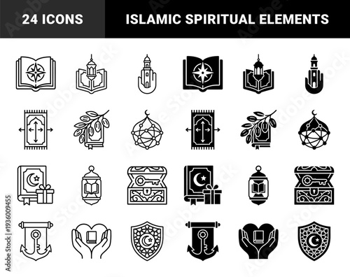 Islamic spiritual symbols and ramadan cultural elements featuring hybrid designs of koran with compass minaret with hand and lantern with book