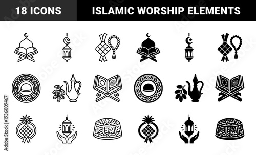 Islamic religious symbols featuring hybrid designs of quran on rehal stands lanterns with crescent moon and mecca compass in dual outline and solid style