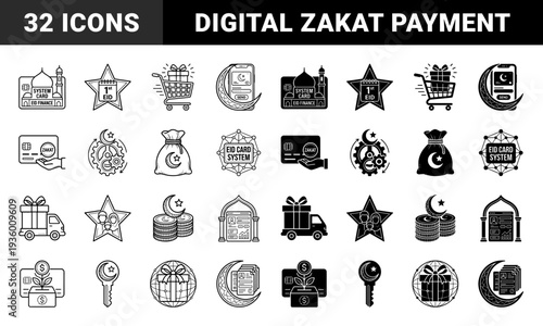 Islamic Fintech and Digital Eid Finance Icon Set Featuring Hybrid Symbols for Zakat Payments Halal Banking and Ramadan Charity Transactions
