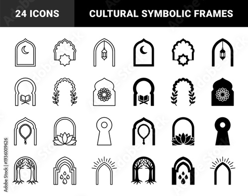 Ramadan and Eid Mubarak cultural elements for religious celebrations. Bold monoline illustrations featuring prayer mat, dates, incense, and gift basket.