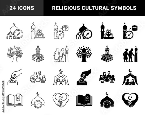 Islamic Religious Life Hybrid Icons Featuring Mosque Combined With Compass Clock Heart And Family Symbols In Outline And Solid Style