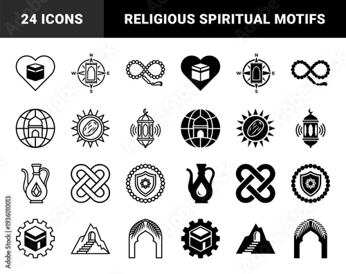 Islamic spiritual hybrid icons featuring Kaaba heart shapes mosque globe prayer rug compass and ramadan lantern motifs with bold minimalist geometric lines