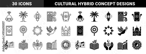 Islamic hybrid icons merging traditional religious symbols with modern technology and community concepts like prayer rugs and digital connectivity