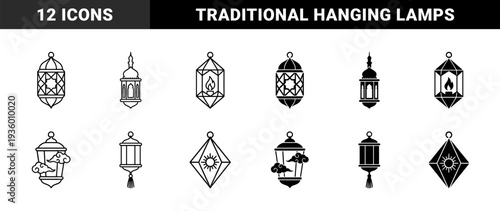 Traditional ramadan lantern silhouettes featuring hybrid celestial elements such as sun and clouds in both outline and solid glyph styles