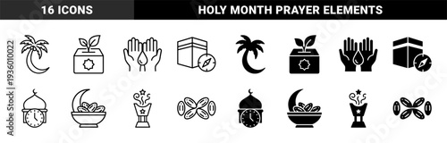 Islamic religious symbols and Ramadan traditions featuring hybrid crescent moon with palm tree date bowl and prayer time mosque clock with kaaba qibla compass