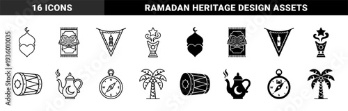 Islamic heritage symbol collection featuring hybrid designs like mosque heart silhouettes and prayer rug quran combinations in outline and solid styles