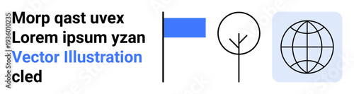 Branding, communication, education, environmental issues, global connection, corporate identity. Blue flag and globe with minimalist tree. Communication and global connection concept