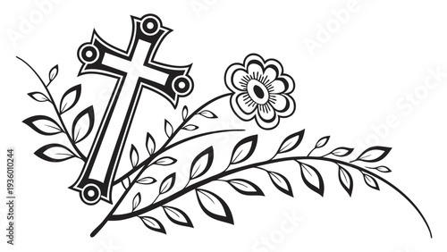 Black and white orthodox cross with floral black and white symbol religion christianity