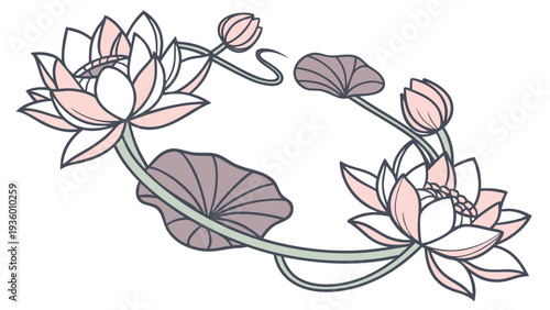 Pink lotus flowers and leaves forming a circular wreath