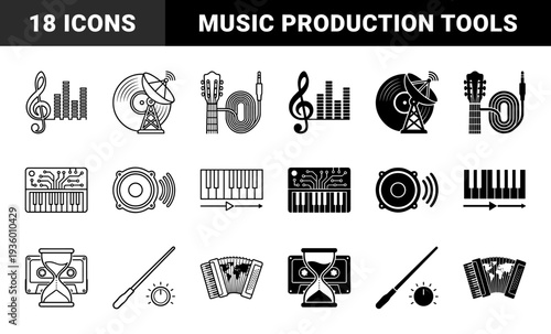 Hybrid music and audio production symbols merging musical instruments with technical broadcasting gear and analog recording equipment elements