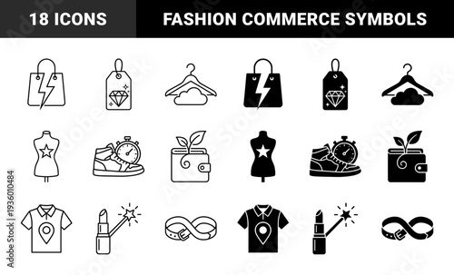 Retail and fashion symbols merging shopping bags with lightning bolts, wallets with organic leaves, and sneakers with speed timers in a dual line and solid style.