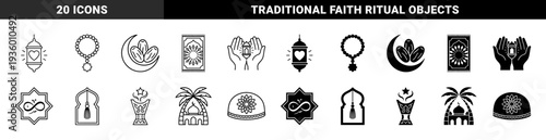 Monochrome religious symbols combining traditional Islamic motifs with modern geometric shapes including lantern heart hybrid and crescent date palm fusion