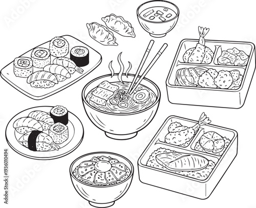 Japanese traditional food elements set. Ramen noodle bowl sushi and bento box in hand drawn outline doodle style. Asian menu editable vector art.