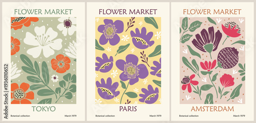 Set of abstract Flower Market Tokyo, Paris, Amsterdam posters. Trendy botanical wall arts with abstract floral design in trendy colors. Modern naive groovy funky interior decorations, paintings. 