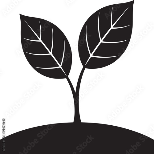 A simple black and white illustration of a small plant sprouting from the ground with two leaves