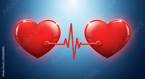 Two red shiny hearts connected by a heartbeat line on blue gradient background transparent background