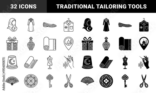 Islamic fashion and tailoring hybrid icon collection featuring crescent moon symbols merged with sewing tools garments and oriental patterns