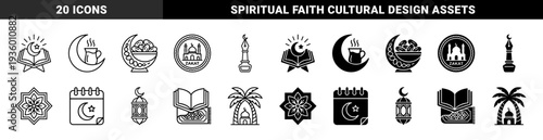 Islamic Religious Symbols Combining Crescent Moon with Quran Holy Book Dates Zakat Mosque and Lantern for Ramadan Kareem and Eid Celebration