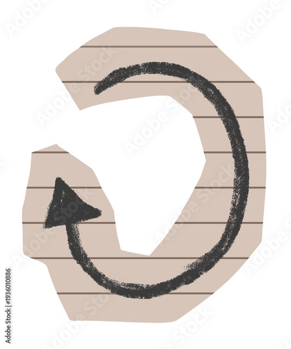 Cutout paper circle arrow drawn with black crayon pencil on transparent background