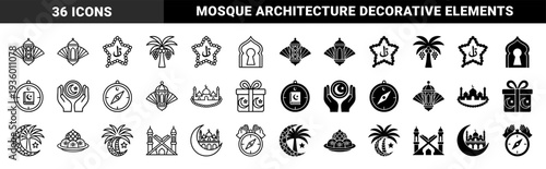 Islamic religious symbols and Ramadan ornaments featuring hybrid lantern designs mosque architecture palm tree silhouettes and quran book illustrations