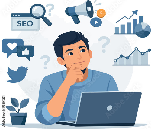 A man contemplates digital marketing strategies with seo social media and analytics