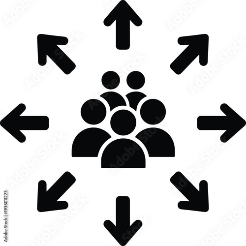 People group icon with outward arrows symbolizing audience targeting, communication and distribution isolated on white background, simple vector illustration