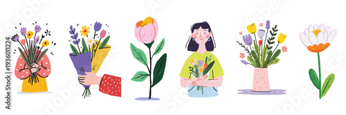 Cute spring flower doodle illustrations featuring bouquets and a smiling person holding flowers