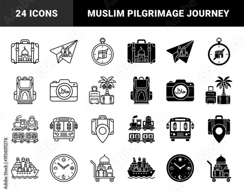 Islamic travel and tourism hybrid icons featuring mosque architecture integrated with suitcases paper planes compasses and transportation elements