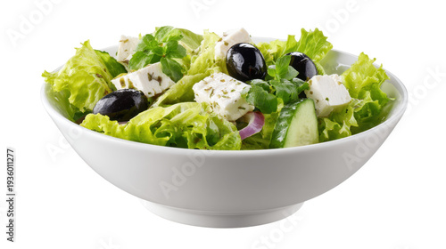 Greek salad in a white bowl on transparent background, romaine, cucumber, black olives, crumbled feta, red onion, oregano and mint for a fresh, healthy mediterranean meal