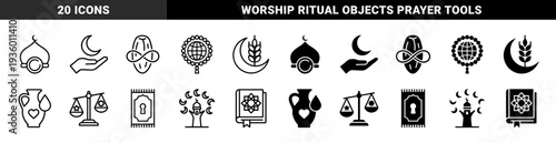 Islamic spiritual hybrid symbols merging crescent moon with wheat and hand motifs plus prayer rug with keyhole and mosque dome with ring elements
