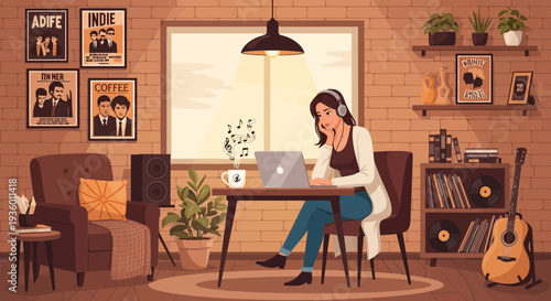 Young woman wearing headphones working on laptop at desk.