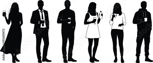 People silhouettes holding drinks set including men and women standing with coffee cups wine glasses and bottles isolated vector illustration for lifestyle concepts
