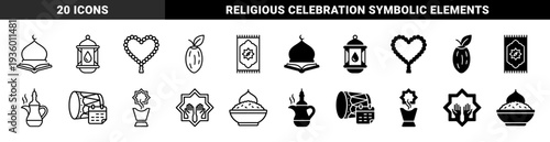 Islamic ramadan and eid celebration hybrid elements featuring mosque dome book fusion and lantern oil drop symbols in line and solid style