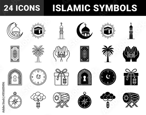 Islamic Religious Symbols Combining Traditional Elements with Modern Minimalism Featuring Ramadan Kareem Lanterns Crescent Moon Mosque and Kaaba