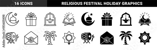 Islamic celebration hybrid symbols featuring crescent moon mosque dome and lantern in outline and solid styles for Ramadan and Eid festival branding
