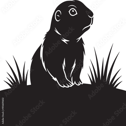 Black silhouette of a prairie dog sitting in grass against a white background illustration style