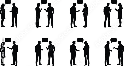 People talking silhouettes set with men and women conversation poses and speech bubbles isolated vector illustration for communication dialogue discussion concept