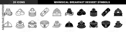 Kawaii food characters merged with conceptual symbols featuring pancake suns music cake mochi and compass soup in outline and solid styles
