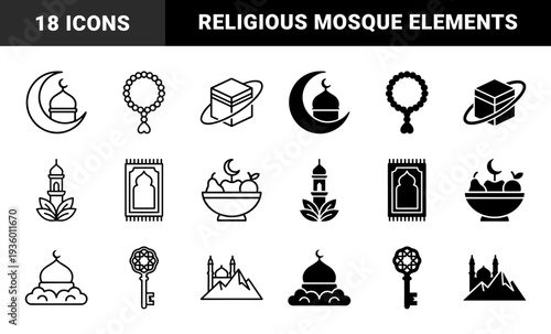 Islamic Religious Symbols Featuring Hybrid Geometric Designs with Moon Mosque Kaaba Prayer Beads and Minaret in Outline and Solid Styles