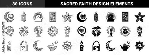 Islamic spirituality and Ramadan symbols featuring hybrid designs with Quran moon crescent prayer rug mosque minaret and lantern motifs