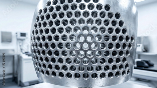 Tight close-up of a sterile heavy machined steel Gamma Knife radiosurgery collimator helmet with a precise geometric array of radiation targeting channels