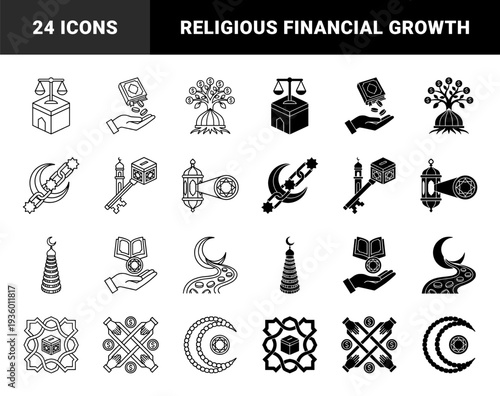 Islamic finance and charity hybrid icons featuring crescent moon scales money tree and zakat box merged with traditional religious architecture and prayer beads