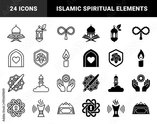 Islamic spiritual symbol collection featuring hybrid designs of mosque architecture prayer beads incense burners and dates in outline and solid styles