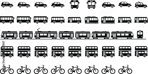 Public transport vehicle silhouette collection including cars buses trams double decker buses and bicycles isolated vector icons for urban transportation design