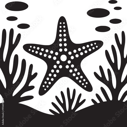 Black and white illustration of a starfish with coral and bubbles underwater in a square format