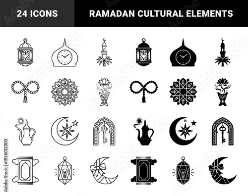 Islamic cultural symbol collection featuring hybrid motifs merging traditional ramadan lanterns with modern lightbulbs and celestial compass navigation elements