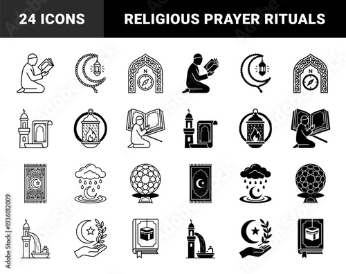 Islamic religious symbols and hybrid cultural metaphors featuring prayer rituals quran study mosque architecture and crescent moon celestial elements in dual stroke and solid style