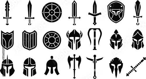 Set of 20 medieval armor and sword icons vector