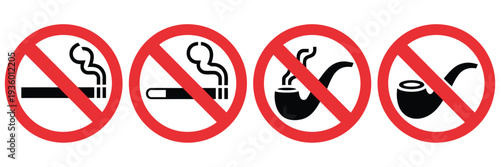 No smoking sign icon set for health safety protection, cigarette prohibition symbol, smoke free zone warning, public area restriction