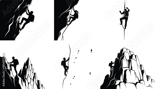 Rock climbing silhouette set with climbers scaling cliffs and mountains using rope isolated vector illustration for adventure sport outdoor activity design